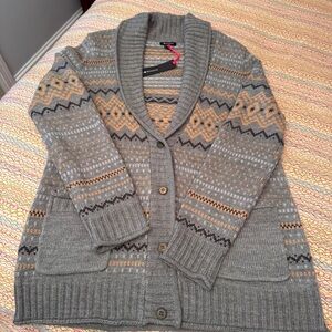 I Heart Ronson Fair Isle Cardigan Sweater Cozy Gray and Tan Knit Cardigan Size L